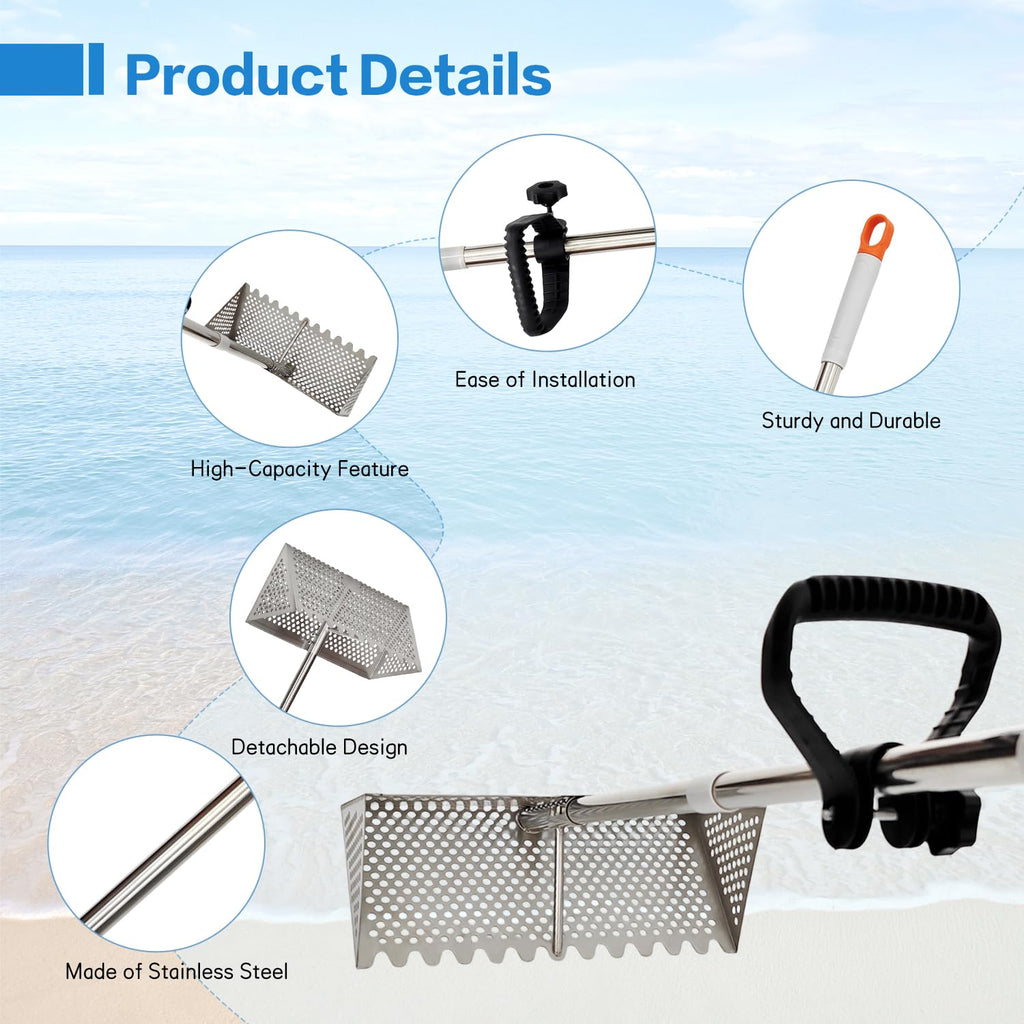 LTSEAME Sand Flea Rake, Detachable Long Handle Sand Sifter for The Beach, The Shark Tooth Screen Comes with a 16in Wide Drain Screen