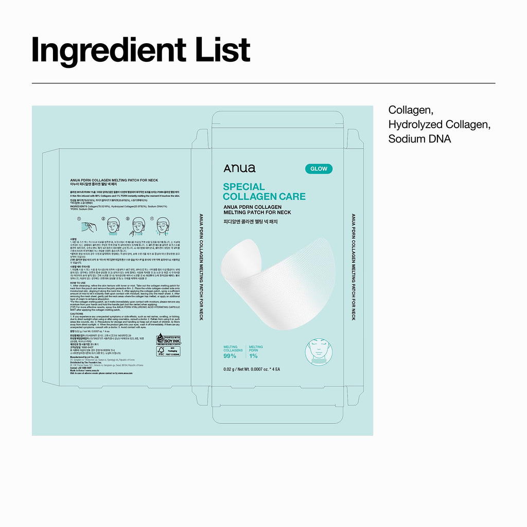 Anua PDRN Collagen Melting Patch for Neck, Lifting and Firming, Thin Film Patch for Neck Fine Lines & Forehead, Plumping Effect with Salmon DNA, Korean Skincare, 0.02g x 4EA