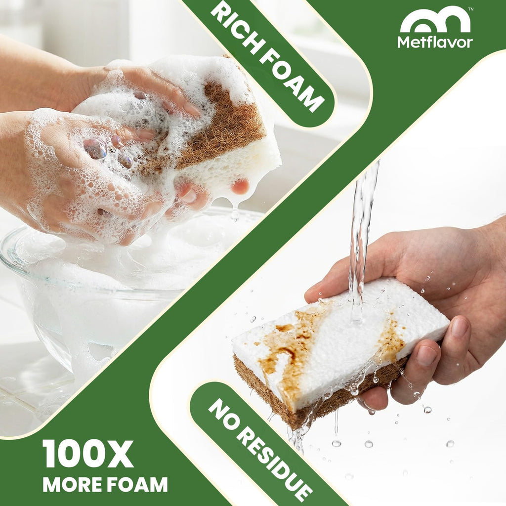 Metflavor Plant-Based Natural Kitchen Sponges,Biodegradable Non-Scratch Cellulose & Coconut Walnut Scrubber Sponge, Eco-Friendly & Sustainable (48 Pack)
