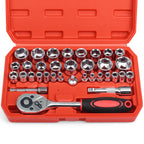 Egofine 34 Pieces 3/8 inch Drive Socket Ratchet Wrench Set, with Socket Set Metric/SAE and Extension Bar for Auto Repairing and Household, with Storage Case