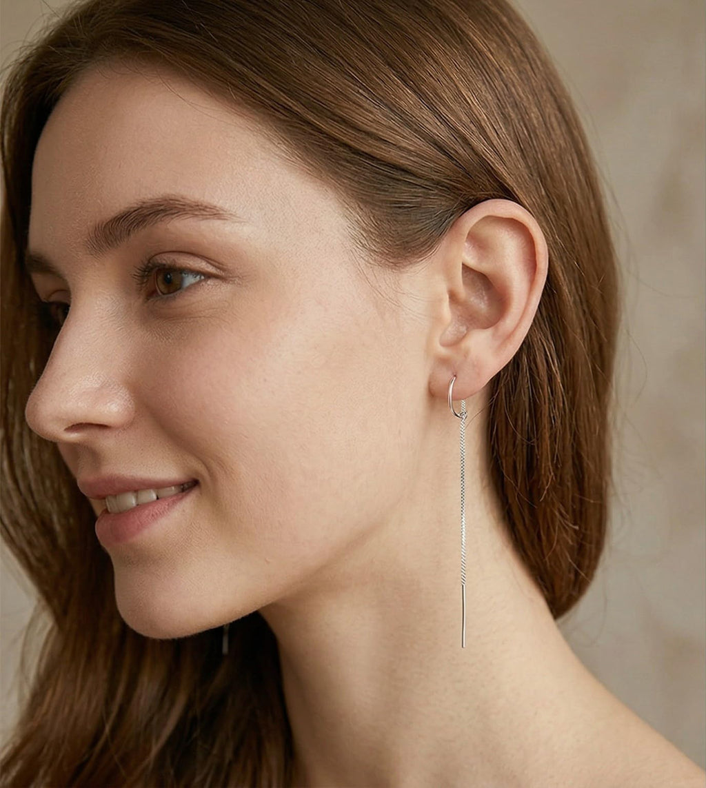 Reffeer Solid 925 Sterling Silver Chain Dangle Earrings Tassel for Women Teen Girls Long Dangle Earrings Minimalist Threader Earrings (A-Silver)