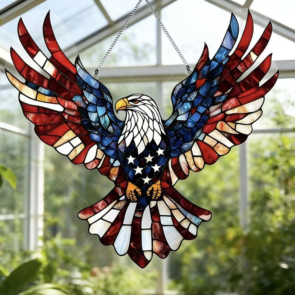 4th of July Sun Catcher for Window Hanging with Eagle Designs Acrylic Stained Glass for Garden 250th Anniversary America Ornament Blue Red White Independence Day Party Decor