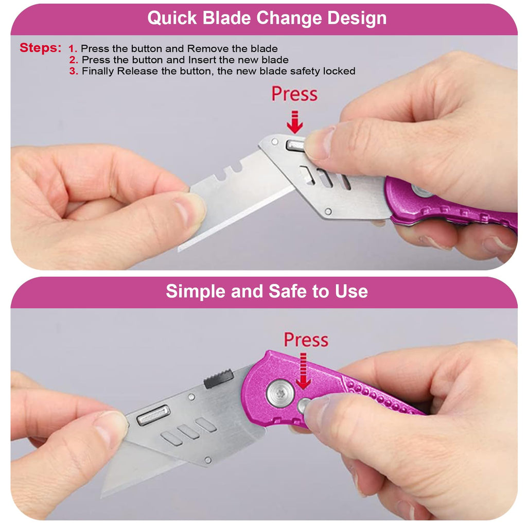 Box Cutter Heavy Duty Utility Knife, Razor Knife, Lightweight Aluminum Handle, Back-lock Mechanism, Stainless Belt Clip, for Carpet, Carton, Box, Cardboard, with 5-piece Extra Blades, Hot Pink