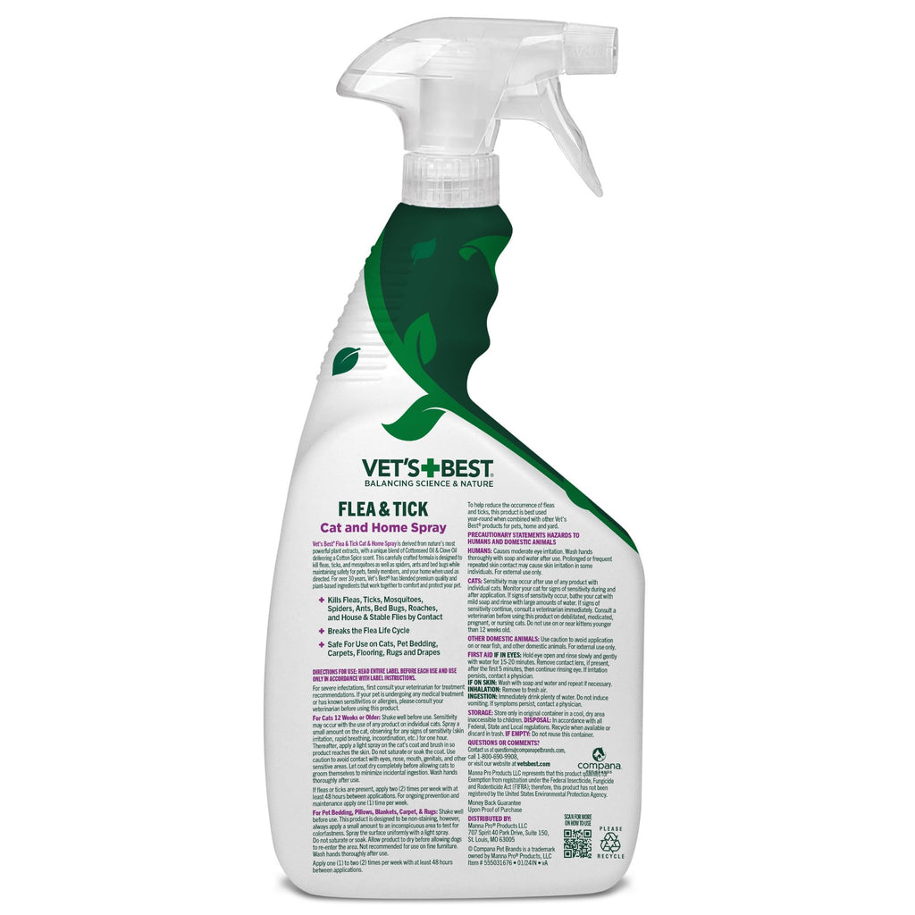 Vet's Best Flea & Tick Indoor Home Spray for Cats, Cotton Spice, 32 oz