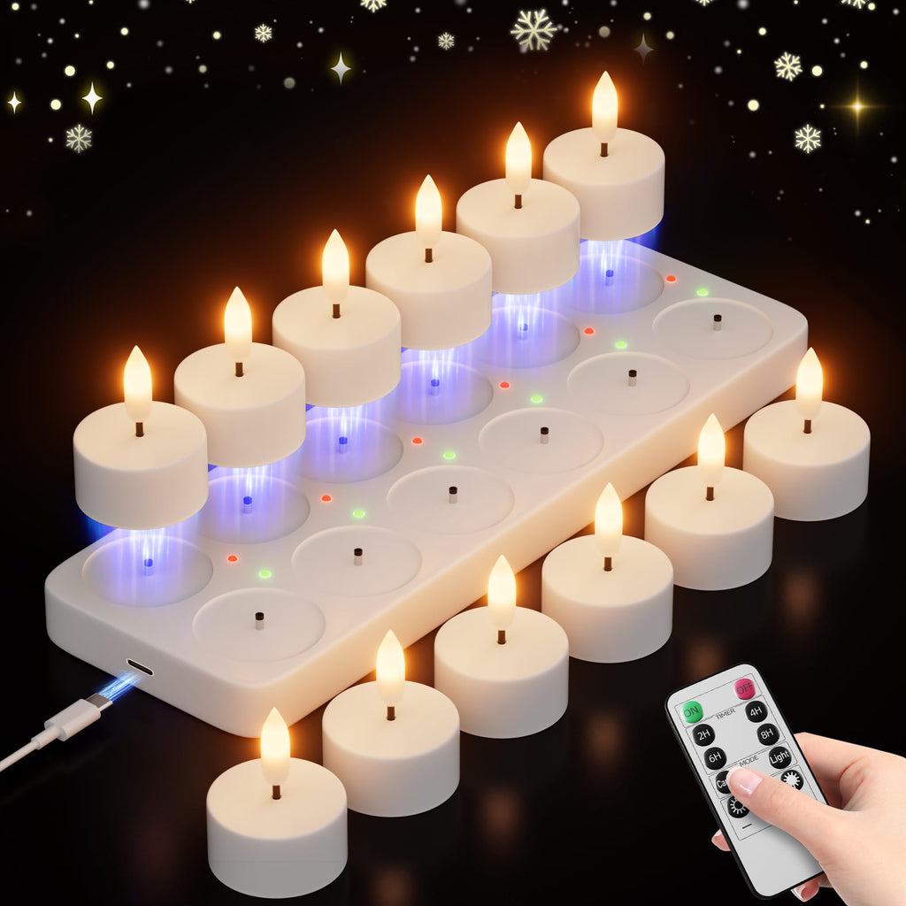 Rechargeable Flameless Tea Lights Candle with Charging Station Remote 12Pcs