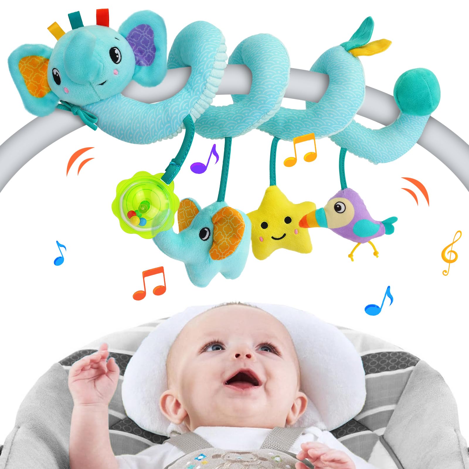 FPVERA Spiral Car Seat Activity Toy, Stroller Arch Baby Crib Hanging Toy with Rattle, Squeaky, Ringing Bell for Bassinet, Stroller, Crib for Infant Newborn Boy Girl Ages 0-12 Months