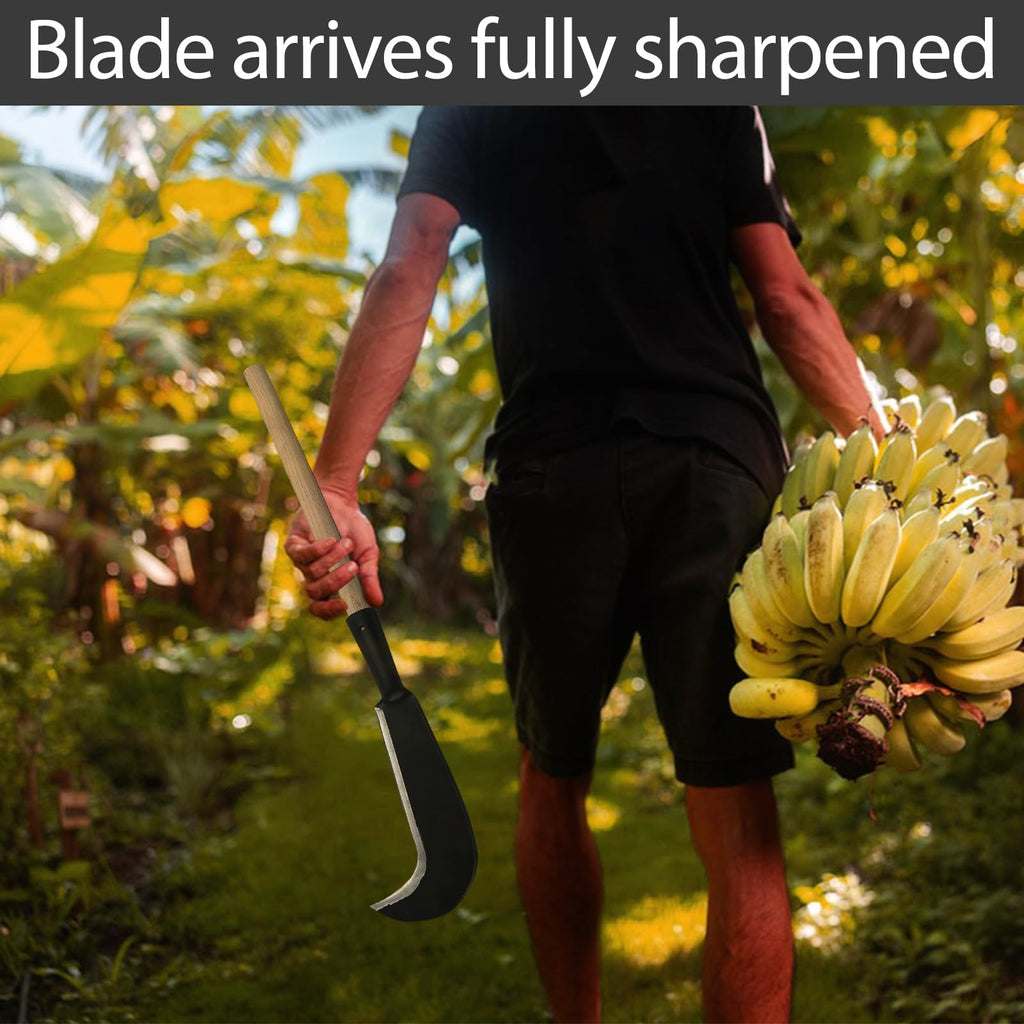 Sickle Garden Tool, Steel Billhook Machete Knife for Cutting Trees Heavy Duty, Hand Grass Weeding Sickle Knife with Wooden Handle for Yard Work