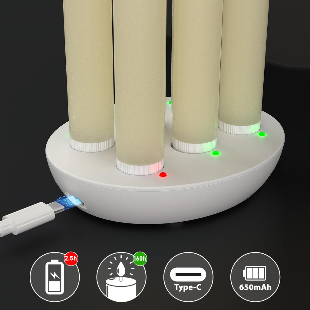 Rechargeable Flameless Taper Candles with Remote, Charging Base, 6 Pcs
