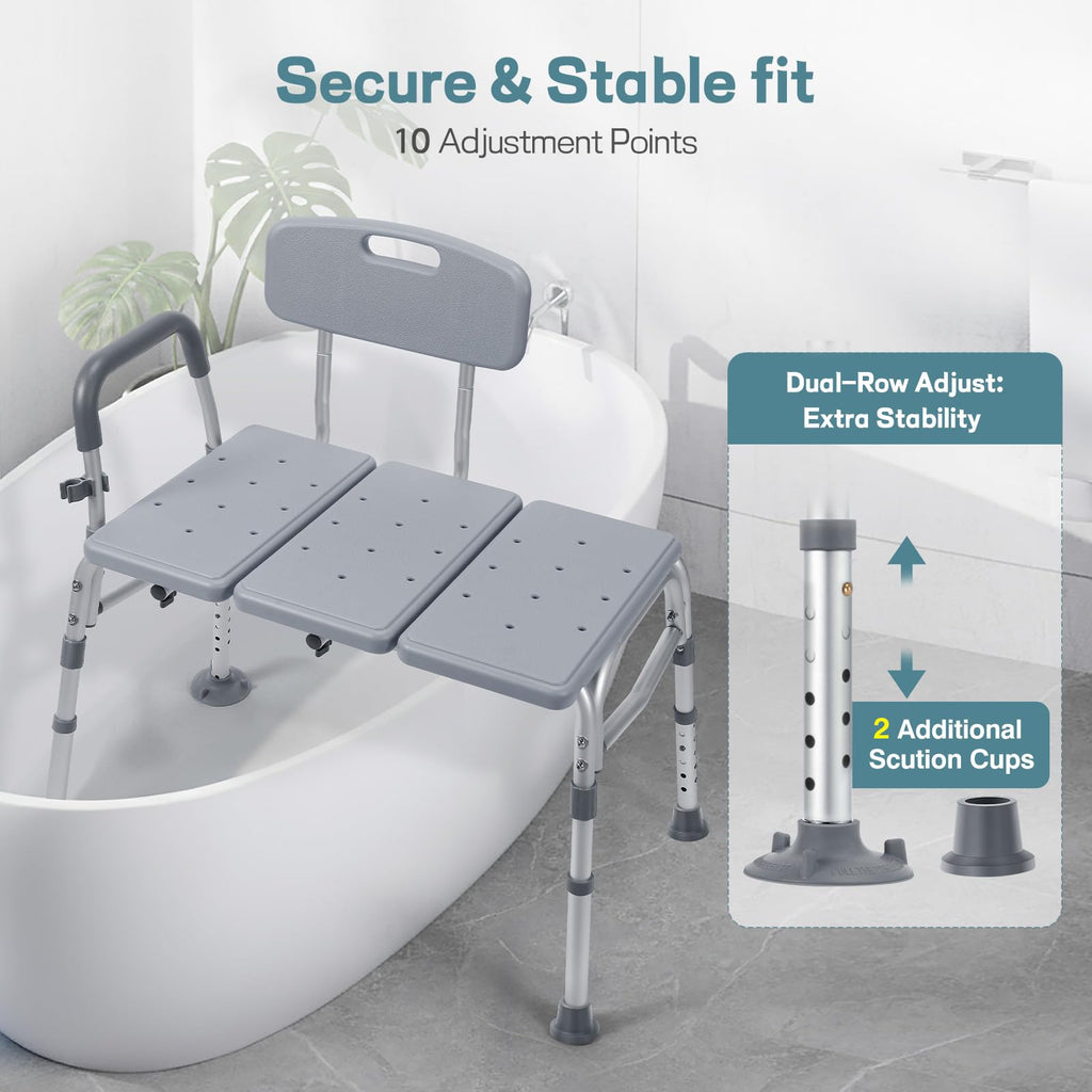 Tub Transfer Bench for Bathtub, Height Adjustable Shower Bench with Backrest, Shower Chair Bath Seat for Elderly, Seniors, Arm Support for Transfer-Gray