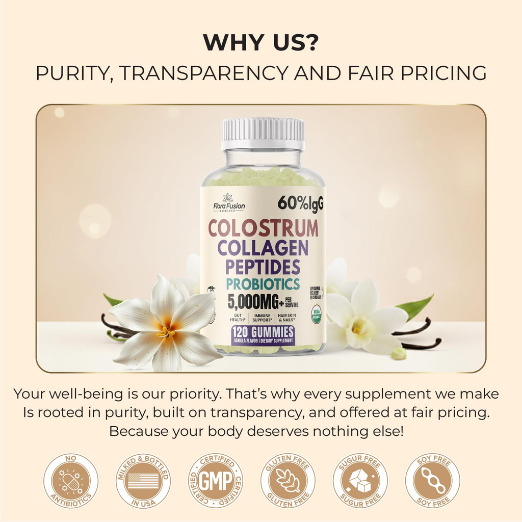 Colostrum Gummies I Collagen Peptides I Probiotics 5000+ mg w/ 60% IgG I Immunity Support & Gut Health - Liposmal Technology - U.S. Sourced Superfood - Grass-Fed Bovine - 120 gummies (Vanilla Flavor)