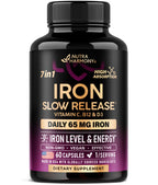 Iron Supplement for Women - Iron 65mg (Ferrous Sulfate 325mg) - Stomach Friendly | Slow Release Iron | High Absorption - Vitamins C, D3, B6, B12 & Folate - Iron Level & Energy Support - 60 Capsules