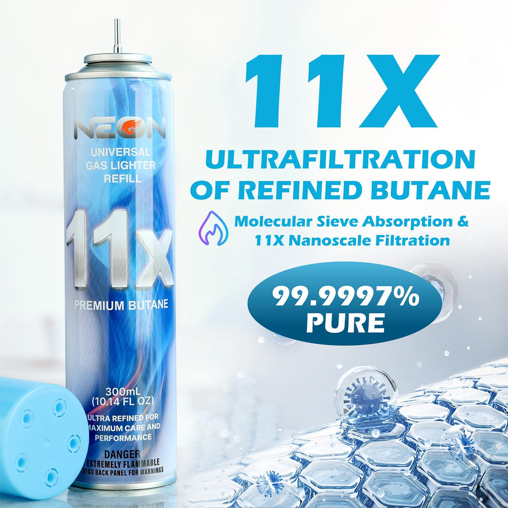 NEON Butane Refill, 11X Ultra-Refined Butane Fuel, 300ml Premium Lighter Fluid with Metal Nozzle & 5 Butane Gas Refill Adapters for Refillable Jet Flame Lighters, Torches, and Culinary Use, 4 Cans