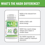 MAAC10 NADH Supplement 20mg Each 60 Capsules for Energy, Fatigue, Mental Focus & NAD+ Longevity Support | Pharmaceutical Grade 99% Pure NADH