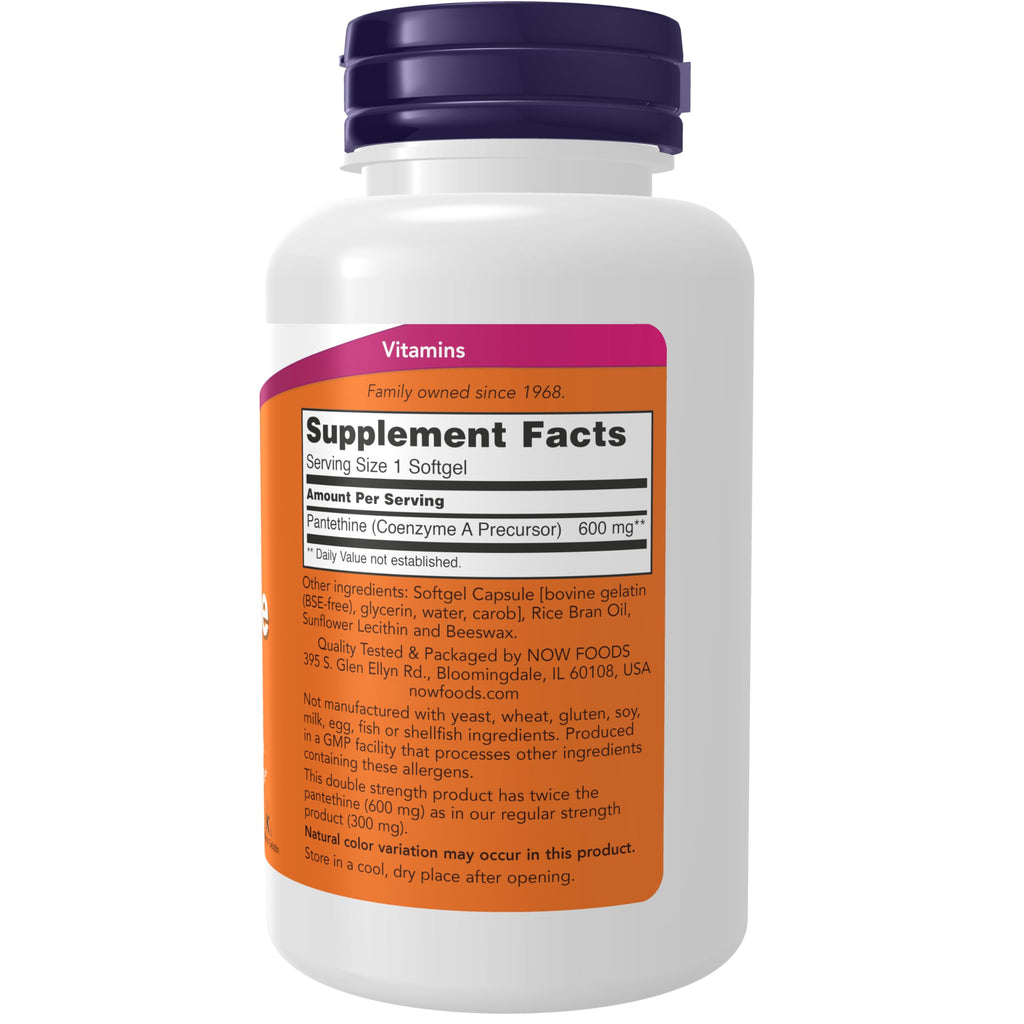 NOW Foods Supplements, Pantethine (Coenzyme A Precursor) 600 mg, Double Strength, Cardiovascular Health*, 60 Softgels