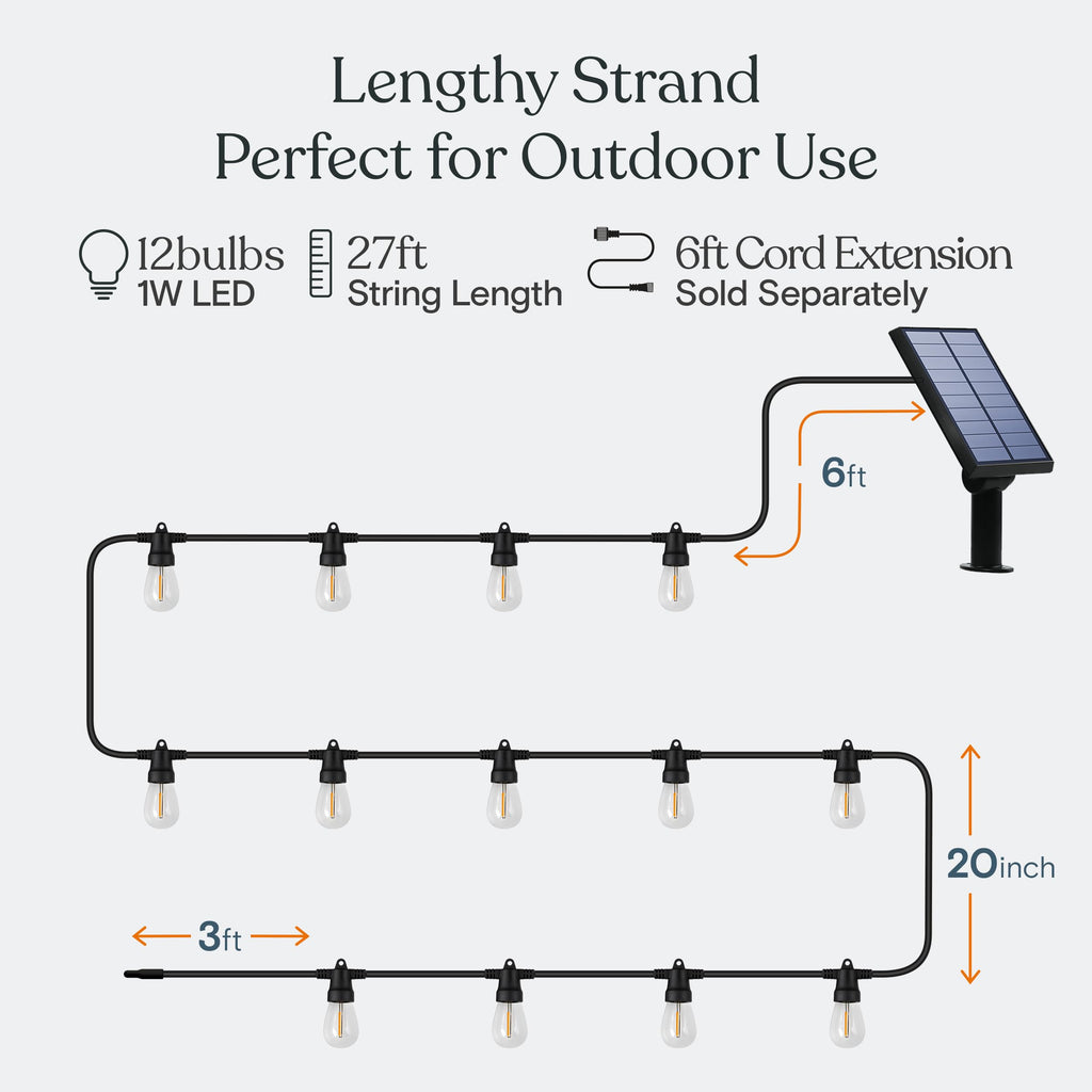 Brightech Ambience Pro Solar Powered Outdoor String Lights -27 ft Commercial Grade Waterproof Edison Patio Lights, Shatterproof LED String Lights for Outside, Porch - 12 Bulbs, 1W Soft White