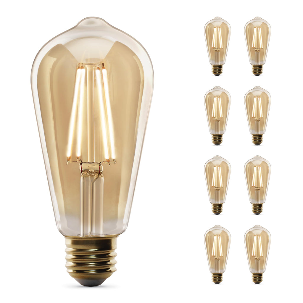 Feit Electric Vintage Exposed Straight Filament Amber Clear Glass LED ST19, 60W Equivalent, 400 Lumen, Dimmable, 2100K Warm White, E26 Base, 15,000-Hour Lifetime, ST19/VG/LED/2/4, 8 Pack