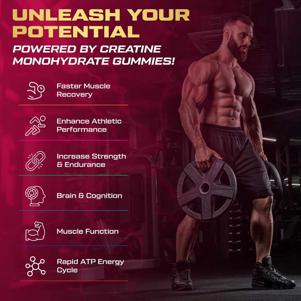 ZyterX Creatine Monohydrate Gummies for Men & Women, 9000MG Creatine Gummies Sugar Free with L-Taurine, BCAA 2:1, B12 B6 for Boost Strength, Focus & Endurance, Vegan, Non-GMO, Raspberry 120pcs