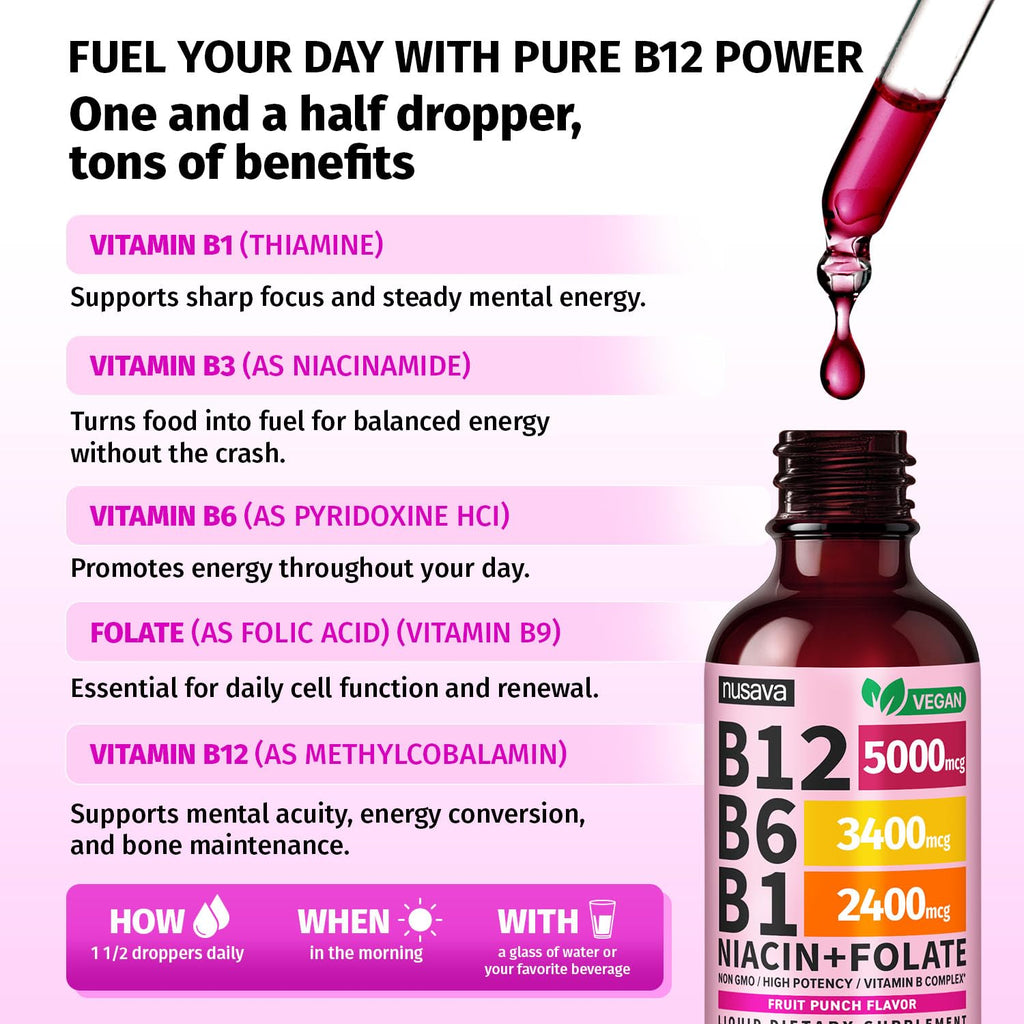 (2 Pack) Vitamin B12 and B6 Liquid Drops, B12 Sublingual Vitamin B Complex - B 12 Vitamin 5000mcg - B12 Methylcobalamin for Energy, Brain, and Heart Support with 27,200 mcg, Fruit Punch, 80 Servings