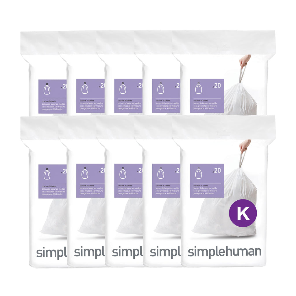 simplehuman Code K 200 Count, Dispenser Pack Custom Fit Liners, Drawstring Trash Bags, 35-45 Liter / 9-12 Gallon, White