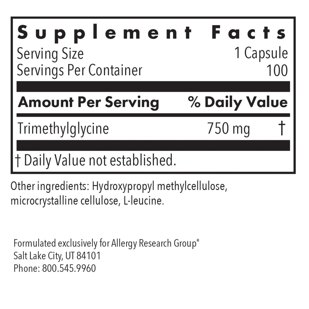Allergy Research Group ARG TMG Trimethylglycine - Supports Cardiovascular & Liver Health - Delivers 750 mg Trimethylglycine per Serving - Vegetarian & Hypoallergenic - 100 Servings - 100 Capsules