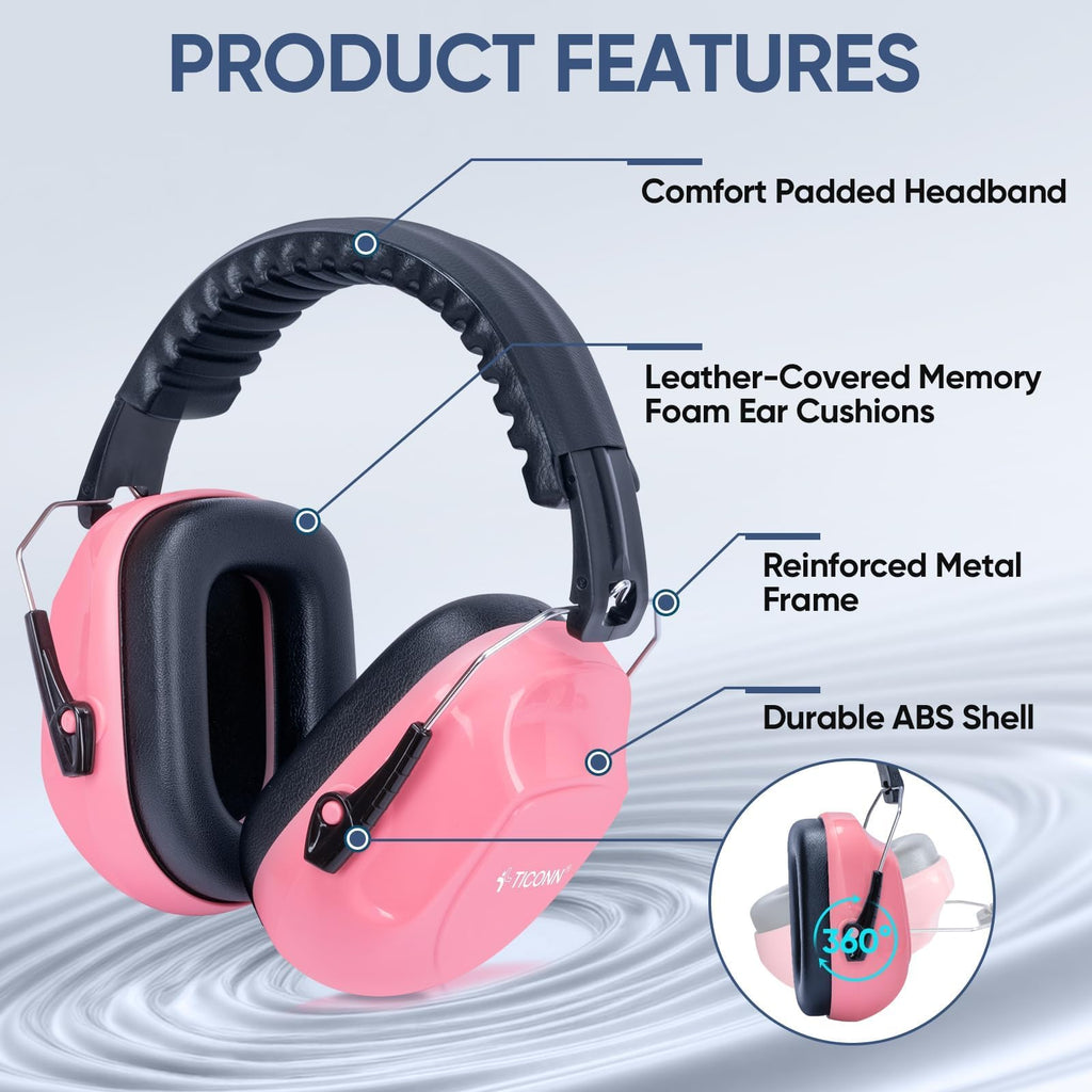 TICONN Noise Cancelling Ear Muffs for Adults, SNR 33dB Hearing Protection, Adjustable Safety Earmuffs for Construction (Soft Pink)