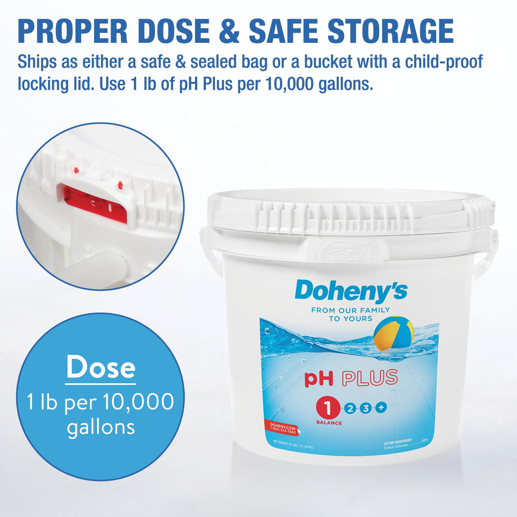 Doheny's pH Plus | Raise Your Swimming Pool pH Level | Pro-Grade Granular Soda Ash (Sodium Carbonate) | Proper pH Levels Protect Equipment & Prevent Eye and Skin Irritation | 25 LB Bucket