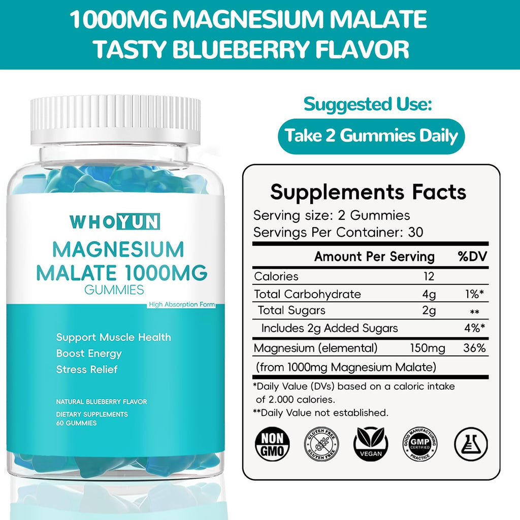 Whoyun Magnesium Malate Gummies 1000mg, Enhanced Absorption Magnesium Chewables Supplement with Malic Acid for Energy Boost & Muscle Health, 60 Count