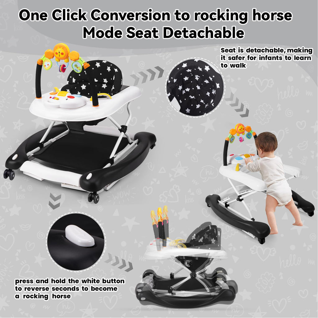 RefoereBabe Baby Walker with Wheels, 5 in 1 Baby Walkers for Boys Girls 6-12 Months, Foldable Walker Baby with Bouncer & Feeding Tray, Music, Adjustable Heights