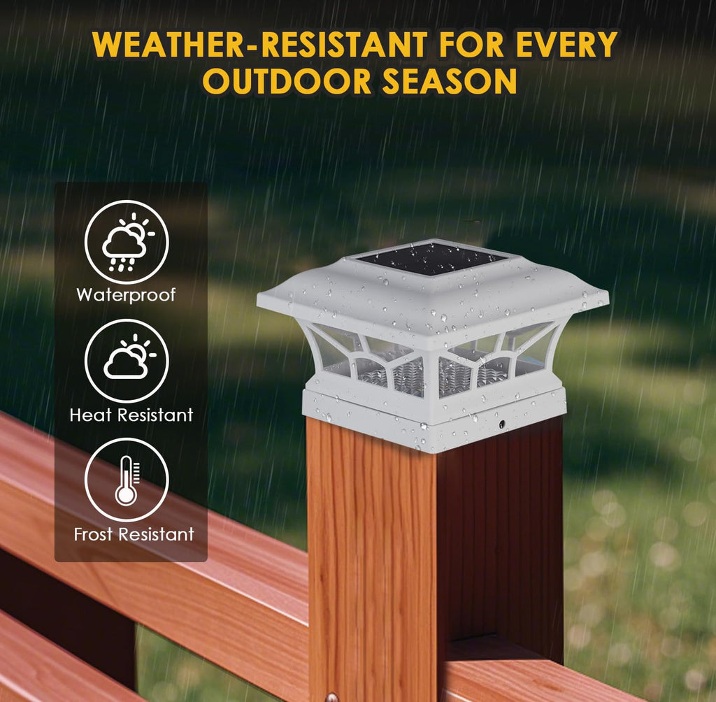 DAMAYCA 2 Pack Solar Post Cap Lights Outdoor Waterproof, Fits 4x4, 5x5, 6x6 Wooden & Vinyl Fence Decks with Warm & Cool White Light Modes (Classic White, 2)
