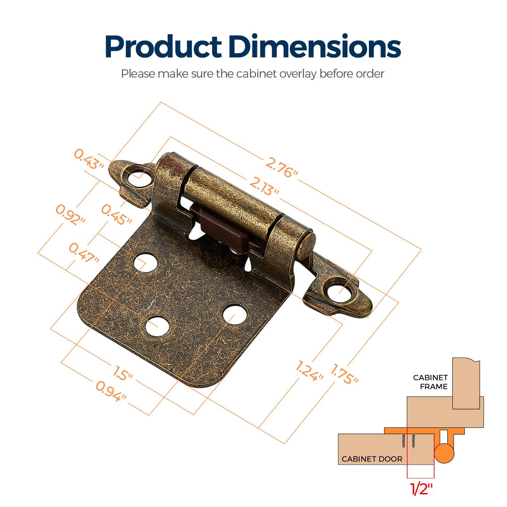 Ravinte 60 Pack (30 Pairs) 1/2 inch Overlay Cabinet Hinges, Self-Closing Semi-Concealed Face Mount, Antique Brass Decorative Hardware with Door Bumpers for Kitchen & Cupboard Doors