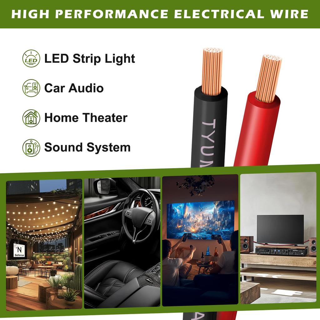 TYUMEN 12 Gauge Red Black Wire 50FT, 12/2 AWG Electrical Wire 12V/24V DC Cable, 12AWG 2 Conductor Flexible Copper Claded Aluminum Extension Cord for LED Ribbon Lamp Tape Lighting, in-Home, Autos Use