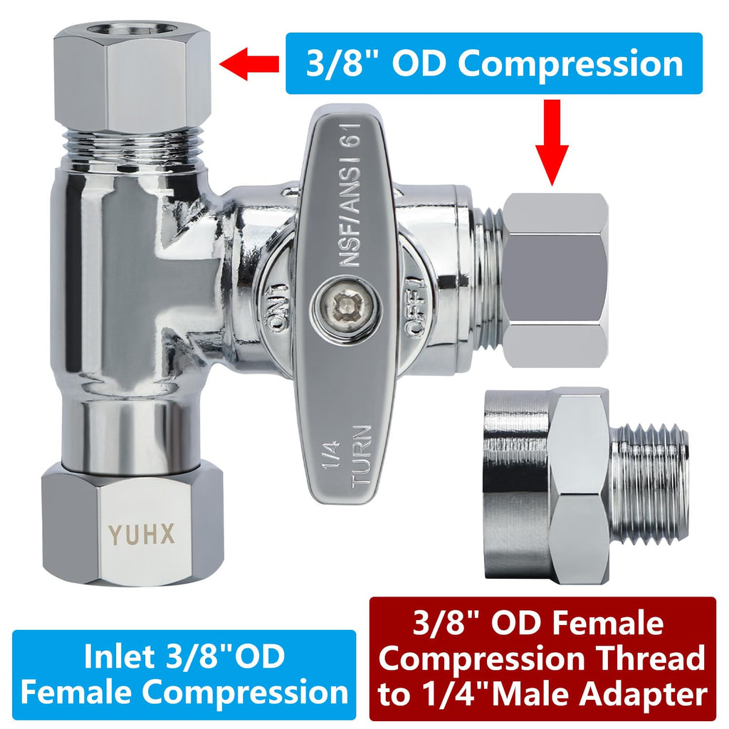 YUHX Brass Angle Stop Add-A-Tee Valve, 3/8 Inch Compression Outlet Easy Connect 3 Way Diverter 3/8"x3/8"x1/4" or3/8"Ice Maker RO System T