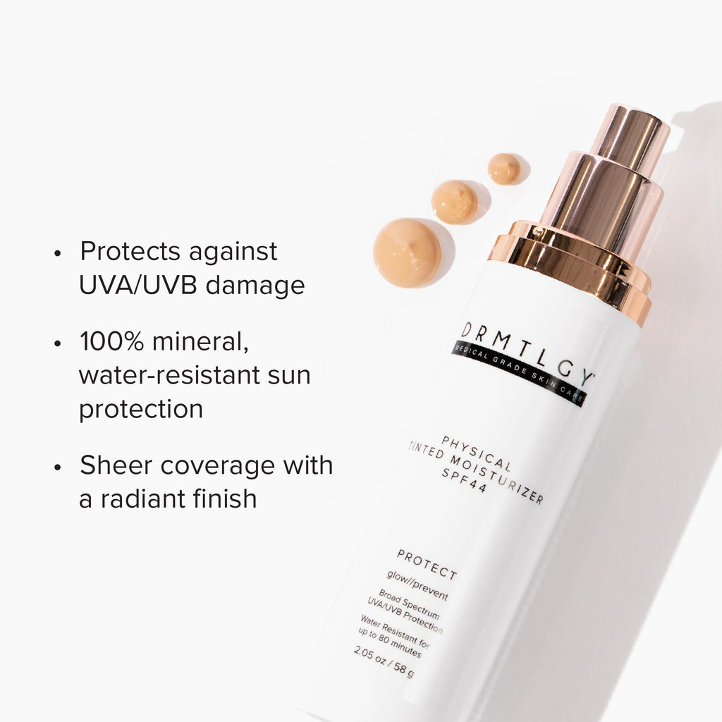DRMTLGY Physical Tinted Moisturizer with SPF 44. Universal Tint. All-In-One Mineral Tinted Sunscreen and Foundation with Broad Spectrum Protection Against UVA and UVB Rays, 2.05 oz