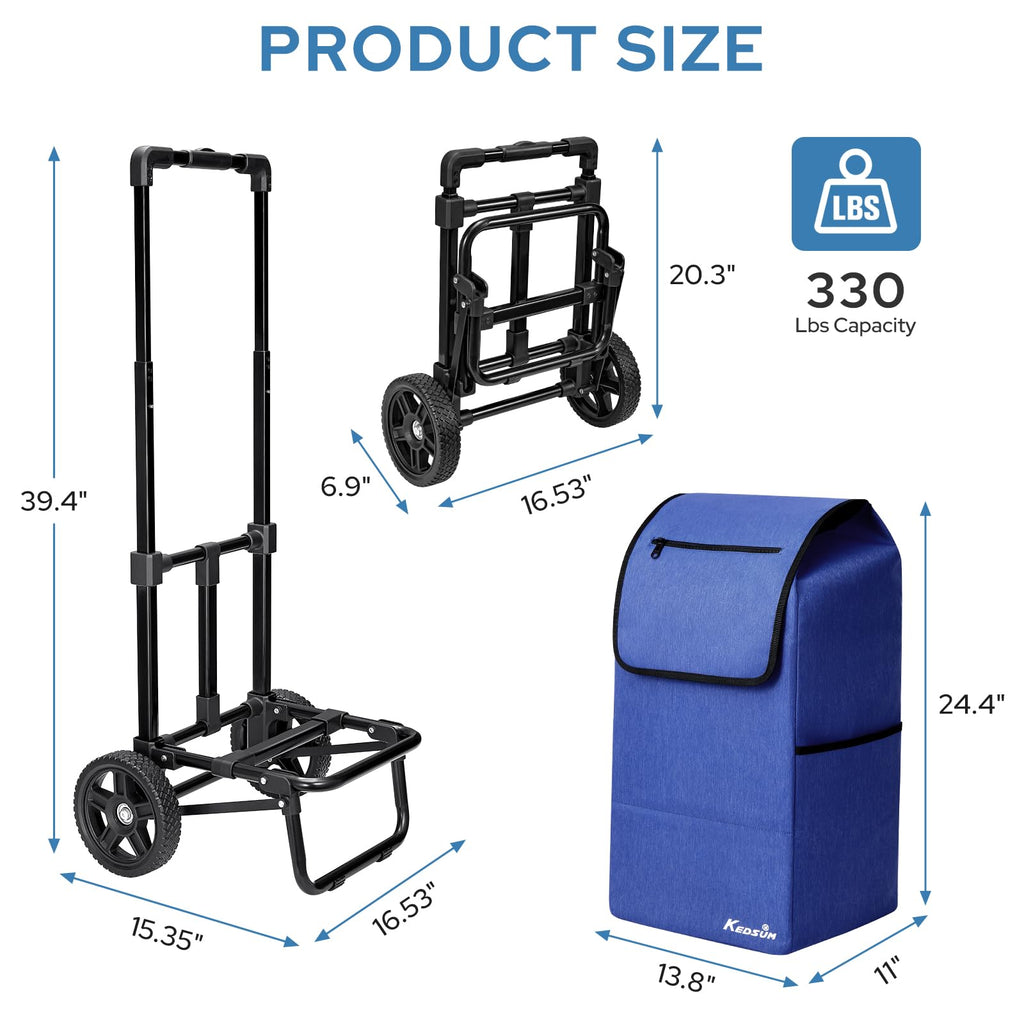 KEDSUM 2 in 1 Shopping Carts for Groceries, 330 lbs Grocery Cart on Wheels, Foldable Utility Carts with Wheels, Load-Bearing Hand Truck with Waterproof Bag for Shopping, Camping, Laundry, Garden, Blue