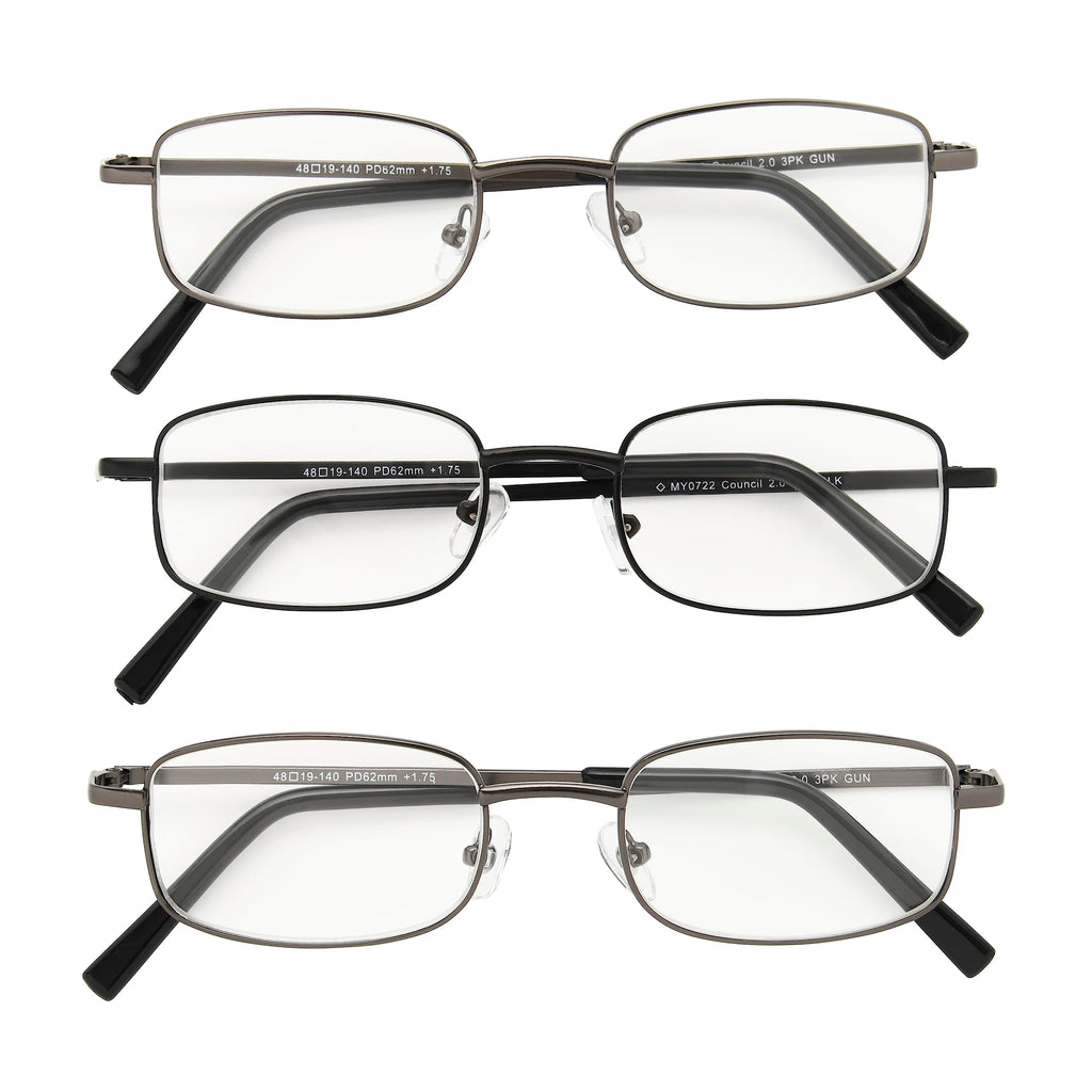 Foster Grant Men's Council Rectangular Reading Glasses, Gunmetal and Black, 3 Pack, 3.25x