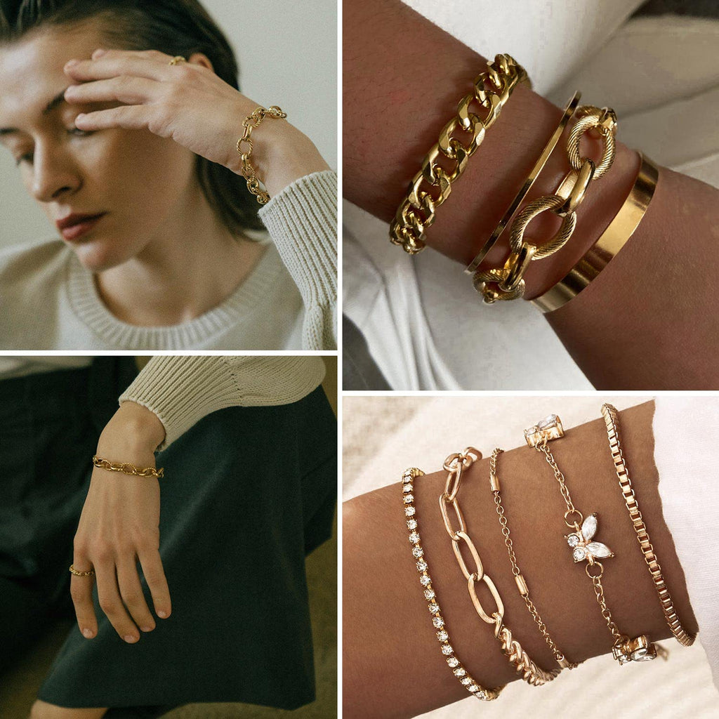 17IF 25 PCS(6 Pack) Dainty Boho Gold Chain Bracelets Set for Women Stackable Chunky Multipack Layered Bangles Adjustable Flat Cuff Cuban Punk Charm Bracelet Bundle Jewelry
