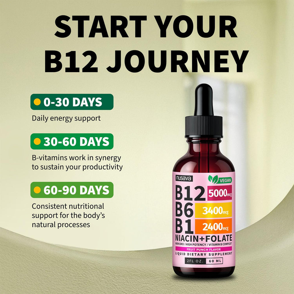 (2 Pack) Vitamin B12 and B6 Liquid Drops, B12 Sublingual Vitamin B Complex - B 12 Vitamin 5000mcg - B12 Methylcobalamin for Energy, Brain, and Heart Support with 27,200 mcg, Fruit Punch, 80 Servings
