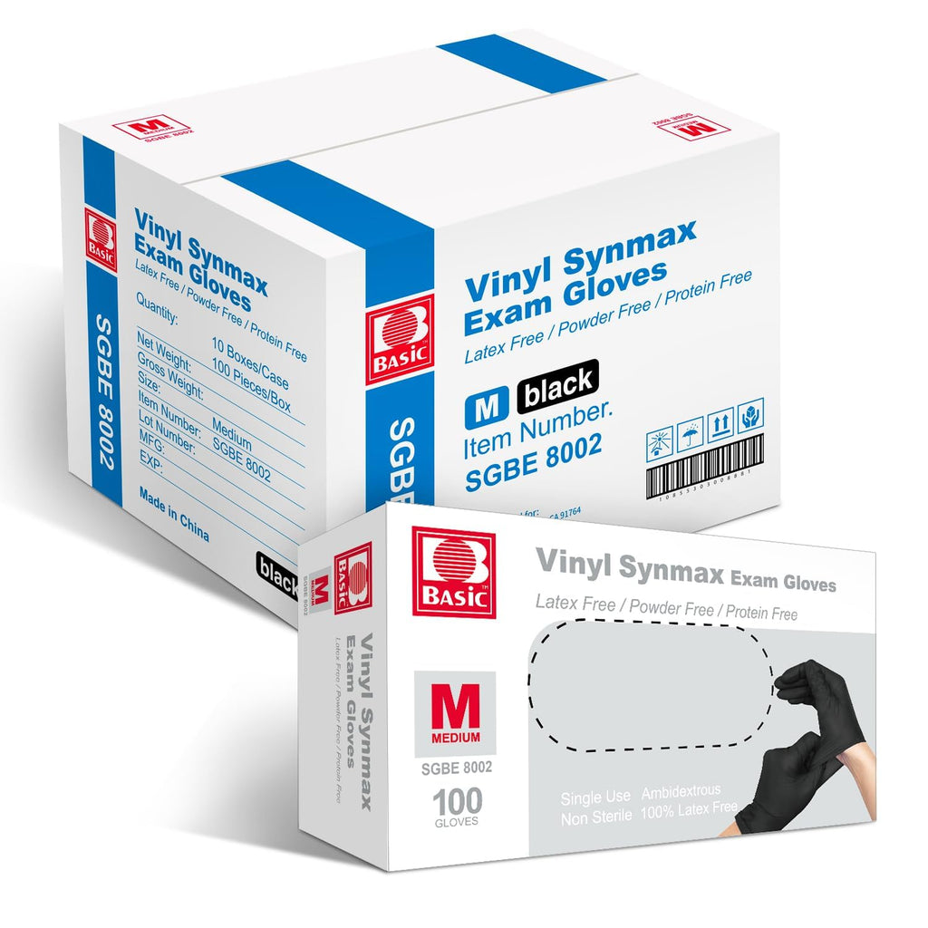 Jointown Vinyl Exam Gloves- 4 mil Safty Glove Latex-Free & Powder-Free, SGBE 8002 Synmax Disposable Medical Glove Medium (Case of 1000, Black)