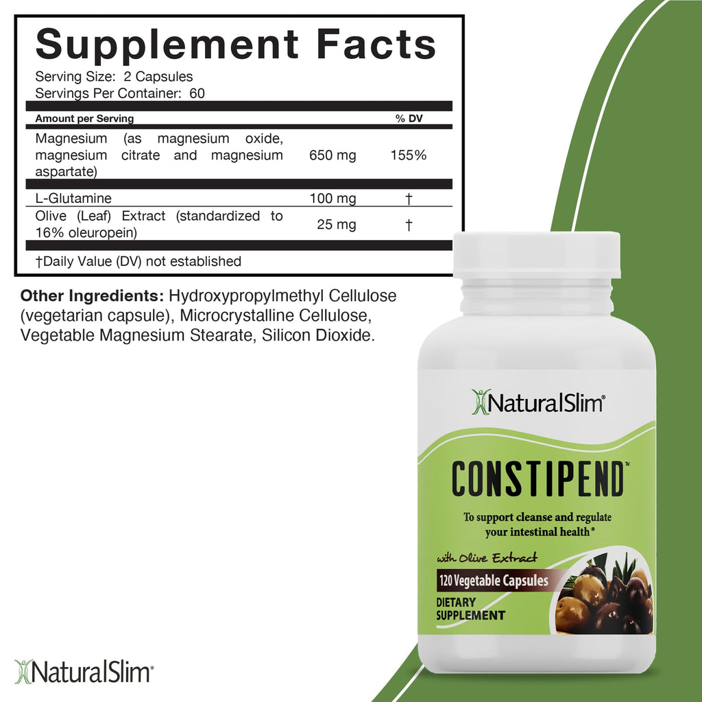Naturalslim Magnesium Oxide - Constipend for Constipation Relief, Colon Cleanser & Stool Softeners for Women & Men with Magnesium Citrate, Aspartate, & Olive Extract - 120 Vegetable Capsules 2 Pack