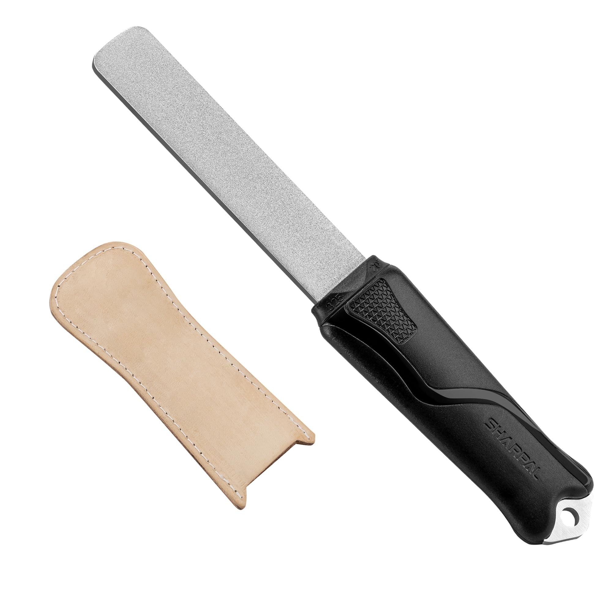 SHARPAL 127N Dual-Grit Diamond Sharpening Stone File Garden Tool Knife Sharpener with Leather Strop Coarse 325 / Extra Fine 1200 Grit for Lawn Mower Blade, Axe, Hatchet, Hedge Shears Fathers Day Gift