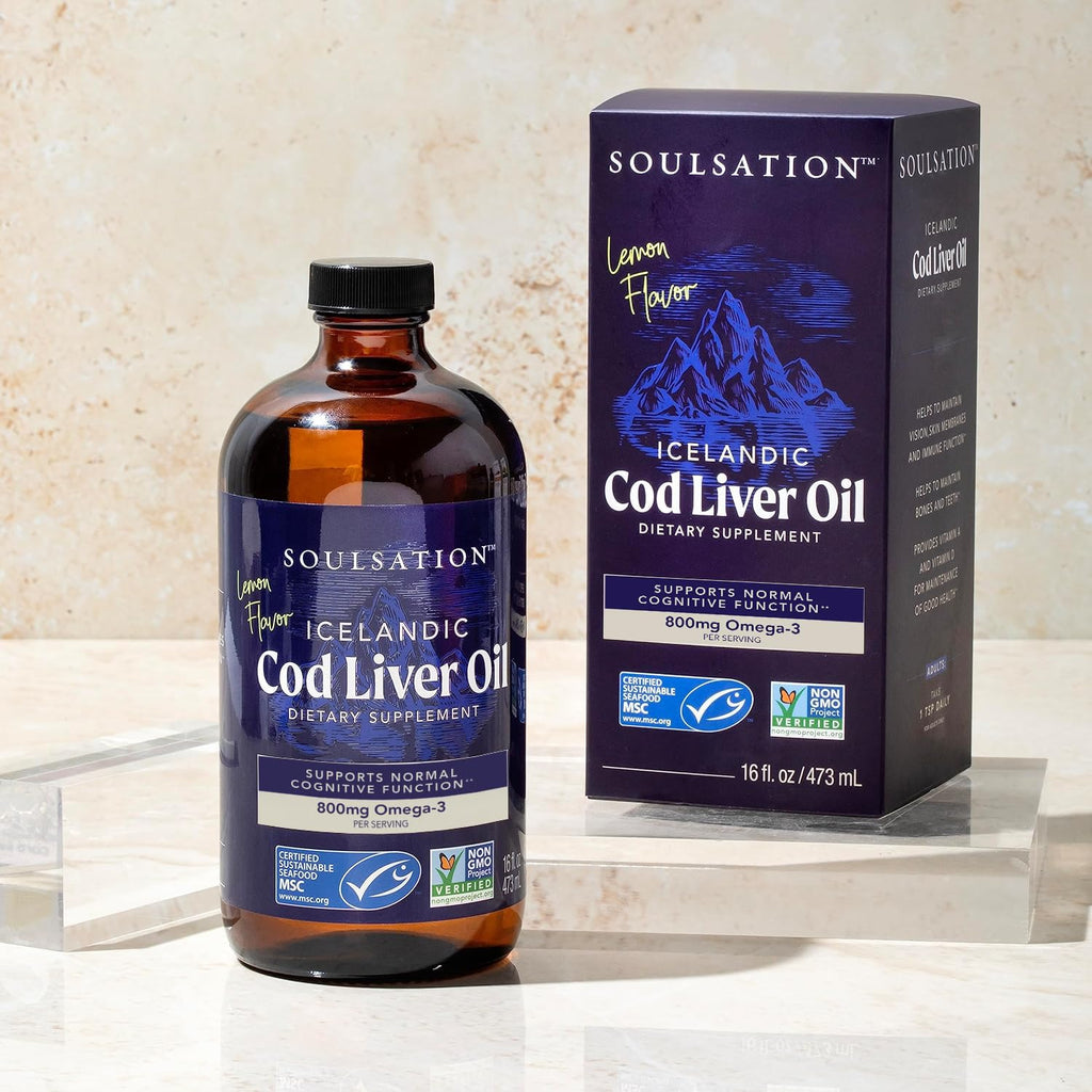 SOULSATION Icelandic Cod Liver Oil Liquid, Lemon (16oz - Pack of 2) - Vitamins A & D, EPA & DHA - Helps Vision, Skin Membranes & Immune Function - MSC Certified, Non-GMO