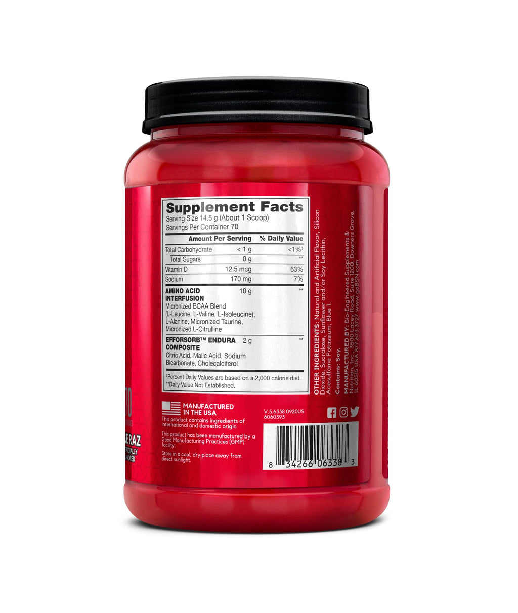 BSN Amino X Muscle Recovery & Endurance Powder with BCAAs, 10 Grams of Amino Acids, Keto Friendly, Caffeine-Free, Support Endurance, Zero Sugar, Blue Raz, 70 servings, 35.84 Ounce (Packaging May Vary)