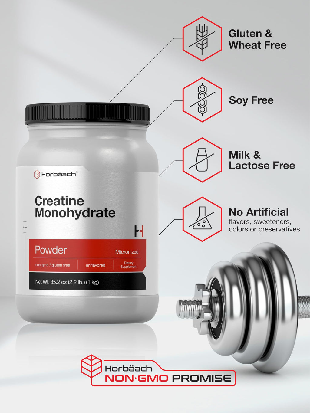 Horbäach Creatine Monohydrate Powder | 2.2lbs (35.2 oz) | Micronized and Unflavored | Vegetarian, Non-GMO, and Gluten Free Supplement