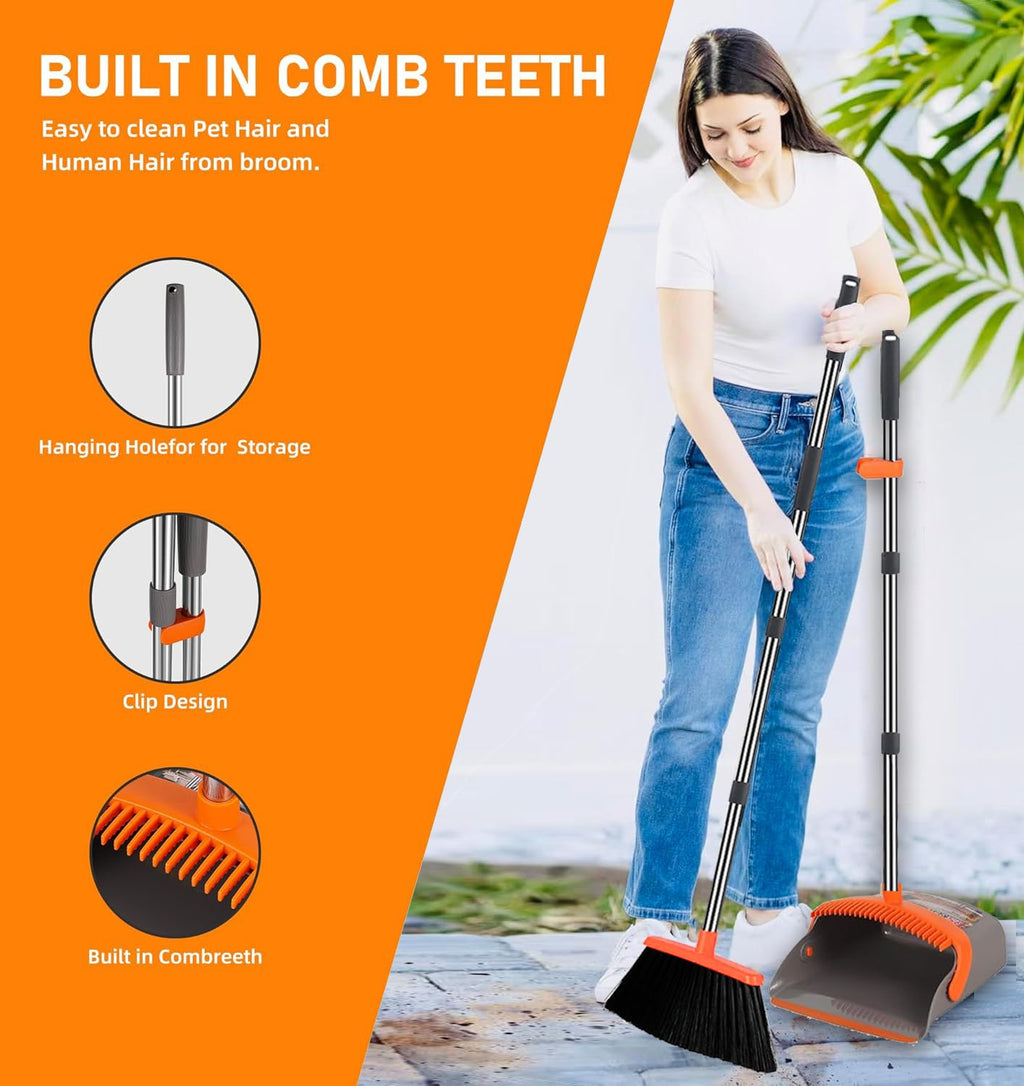 2-Pack is More economical,Upgraded Broom and Dustpan,with 52" Long Handle, Dustpan Teeth with self-Cleaning Function, Indoor and Outdoor Sweeping, Perfect for Home Office (Large Size/Orange /2-Pack)