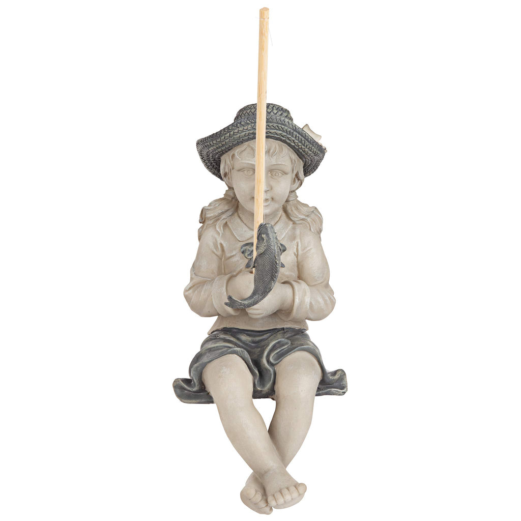 Design Toscano Big Catch Fisherwoman Nellie Girl with Fishing Pole Garden Statue, Medium 17 Inch Tall, Cast Stone Resin, Two Tone Stone Finish