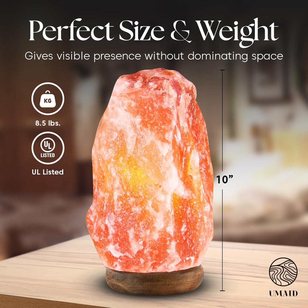 UMAID Himalayan Salt Lamp 8–10" (7–11 lb) Dimmable Pink Rock Salt Lamp with Wooden Base & Night Light Bulb, Spa Home Decor Lamp for Bedroom, Office Desk & Meditation Room, Unique Gifts for Men & Women