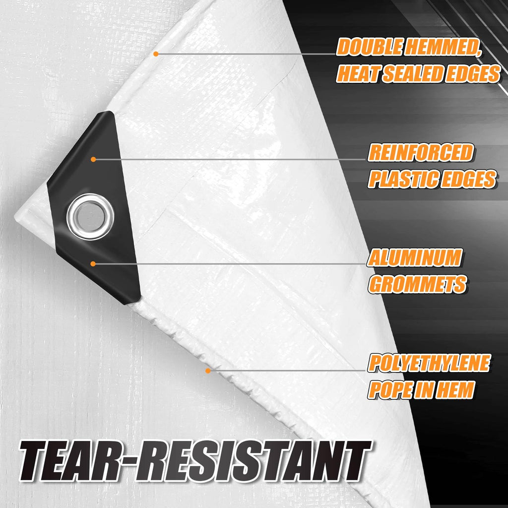 CAMPMAC White Heavy Dut Waterproof Tarp 6' x 20', 10 Mil Thick, High Durability, Rip and Tear Resistant with Metal Grommets Every 20 Inches