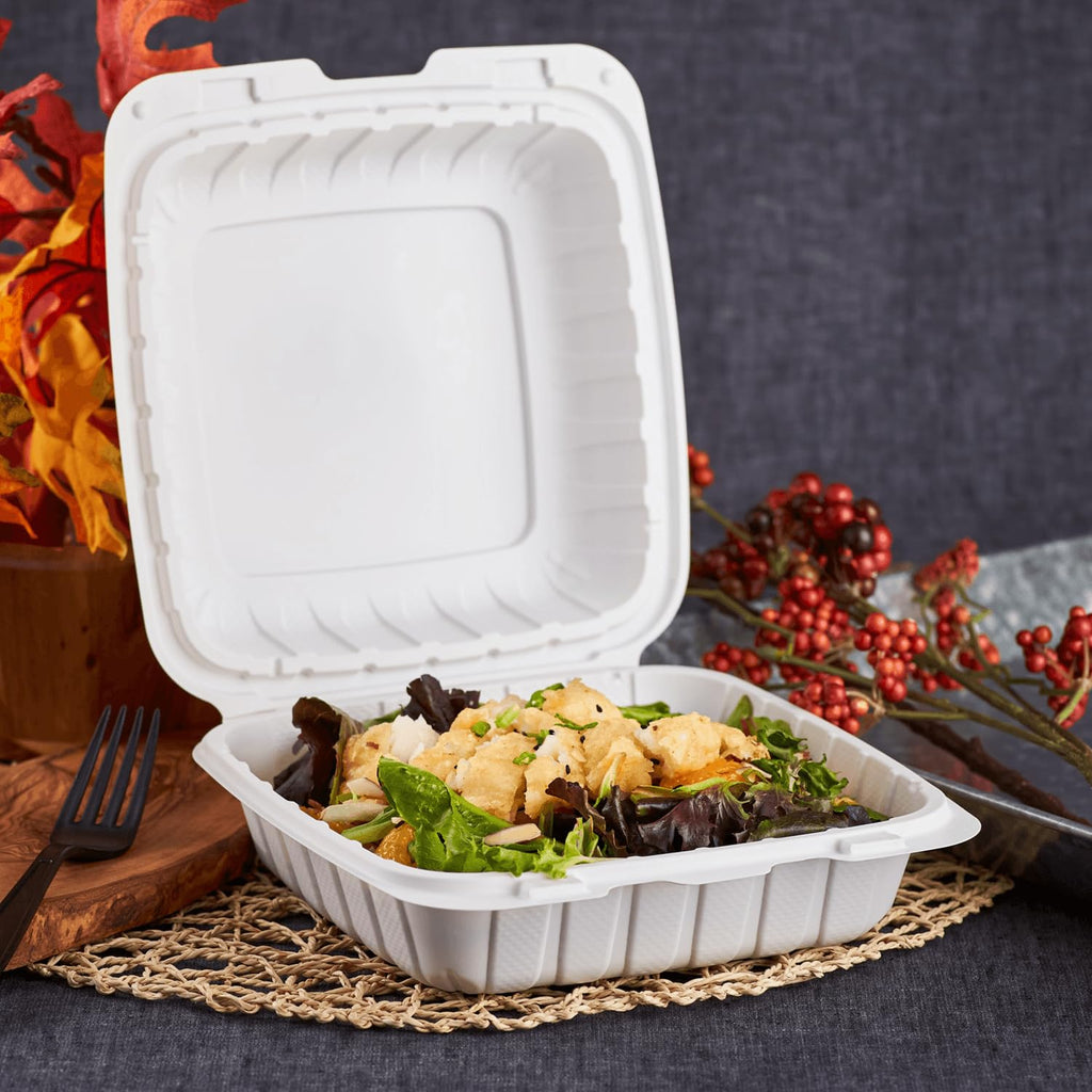 KARAT EARTH Clamshell Take Out Food Containers [8"x8" - 200 ct] To Go Containers | Microwavable, Freezer Safe, Soak-Resistant, Durable, Stackable | Vented for Hot/Cold Foods, White
