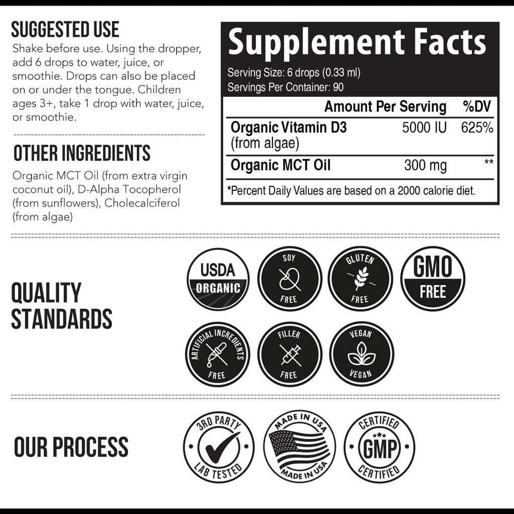 Plant-D3 Organic Vitamin D3 5000 IU - Vegan, Max Strength Sublingual Liquid D3 Drops - 200% Higher Absorption - 100% Plant-Based Cholecalciferol Form - Adjustable Dosing for All Ages (1oz Liquid)