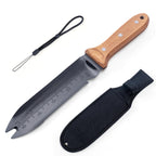 YANG Hori Hori Garden Knife, 7" Stainless Steel Gardening Knife with Oxford Cloth Sheath, Full Tang Beechwood Handle Garden Tool for Dividing Plants & Weeding, Forked Tip for Transplanting